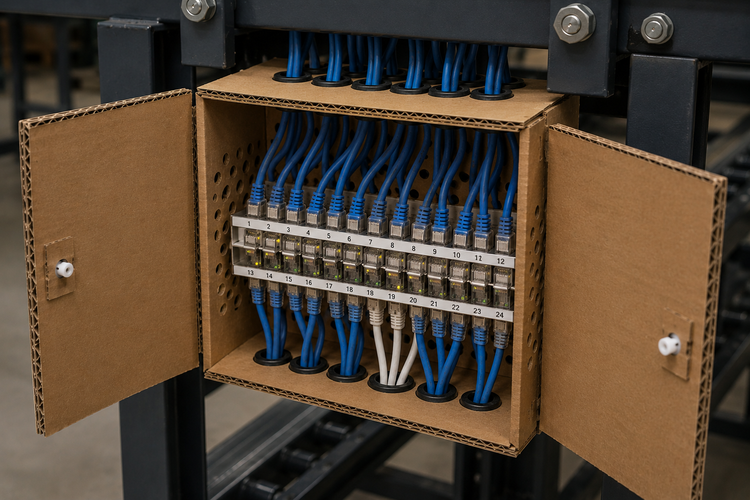 CBJB-04 cardboard ethernet patch panel enclosure with blue network cables